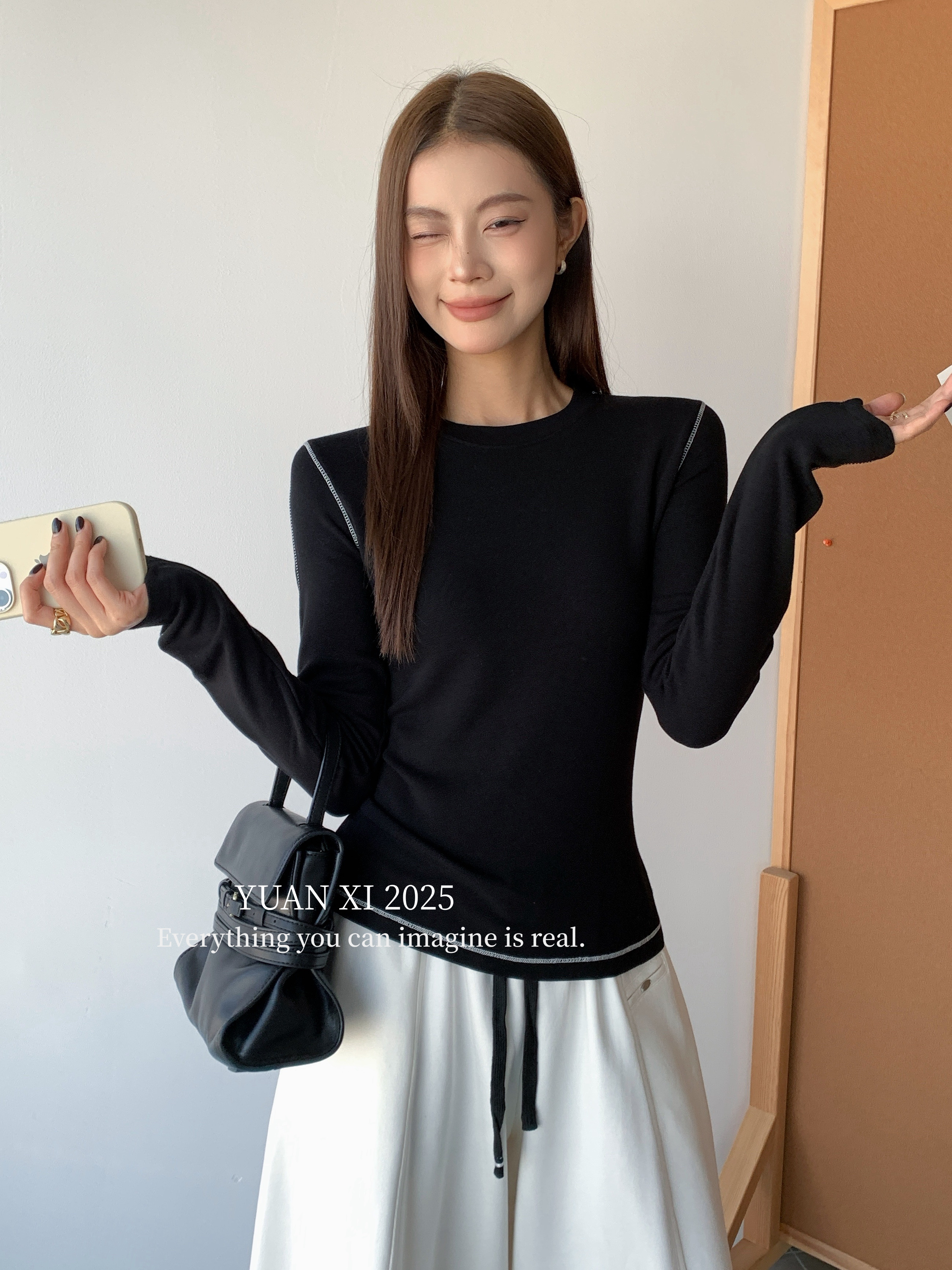 元熙9036韩系圆领加绒长袖T恤女秋冬修身显瘦内搭磨毛打底衫上衣