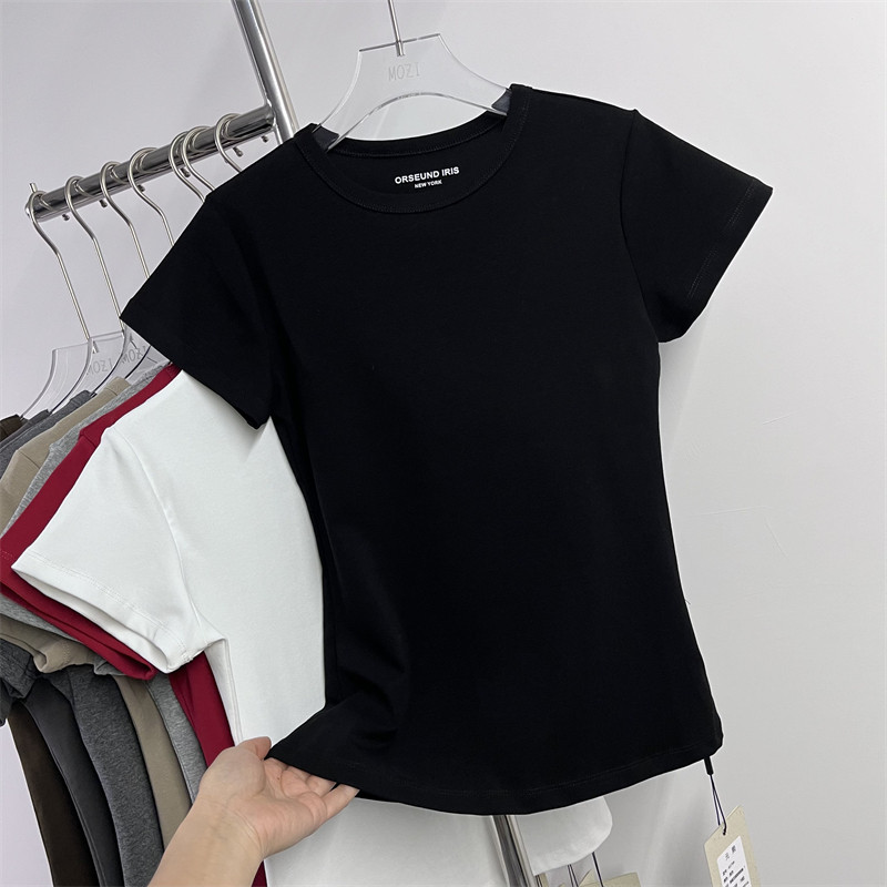 元熙6079春夏简约圆领字母印花修身显瘦收腰纸片人短袖T恤上衣女