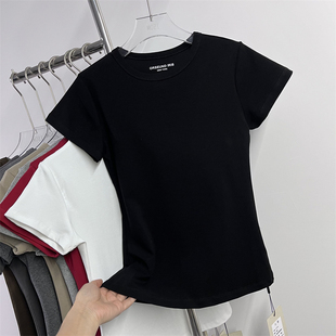 元熙6079春夏简约圆领字母印花修身显瘦收腰纸片人短袖T恤上衣女