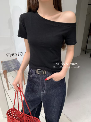 元熙6134-2夏季韩版潮牌新款斜肩短袖短款纯色韩版上衣女t恤修身