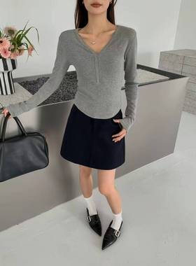 元熙6123韩版纯色简约V领长袖T恤女秋冬新款弹力显瘦百搭打底上衣