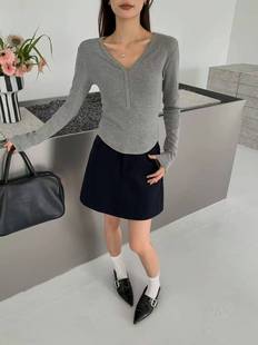 T恤女秋冬新款 纯色简约V领长袖 弹力显瘦百搭打底上衣 熙6123韩版 元