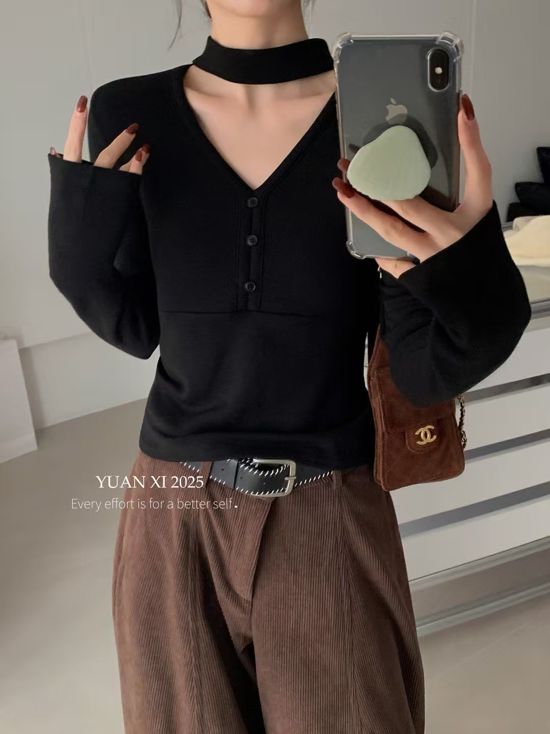 元熙7211韩系V领挂脖加绒长袖T恤女秋冬修身显瘦内搭打底垫肩上衣