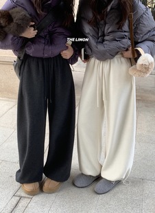 柠檬绿茶1200秋冬松紧腰束脚加绒休闲裤 女宽松显瘦百搭直筒阔腿裤