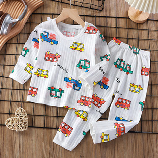 纯棉小童空调服夏装 儿童家居服夏季 套装 男童女童长袖 宝宝睡衣 薄款