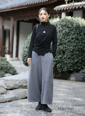 裤子女秋冬新款天丝羊毛9分阔腿裤女加厚弯刀防风毛呢休闲靴裤