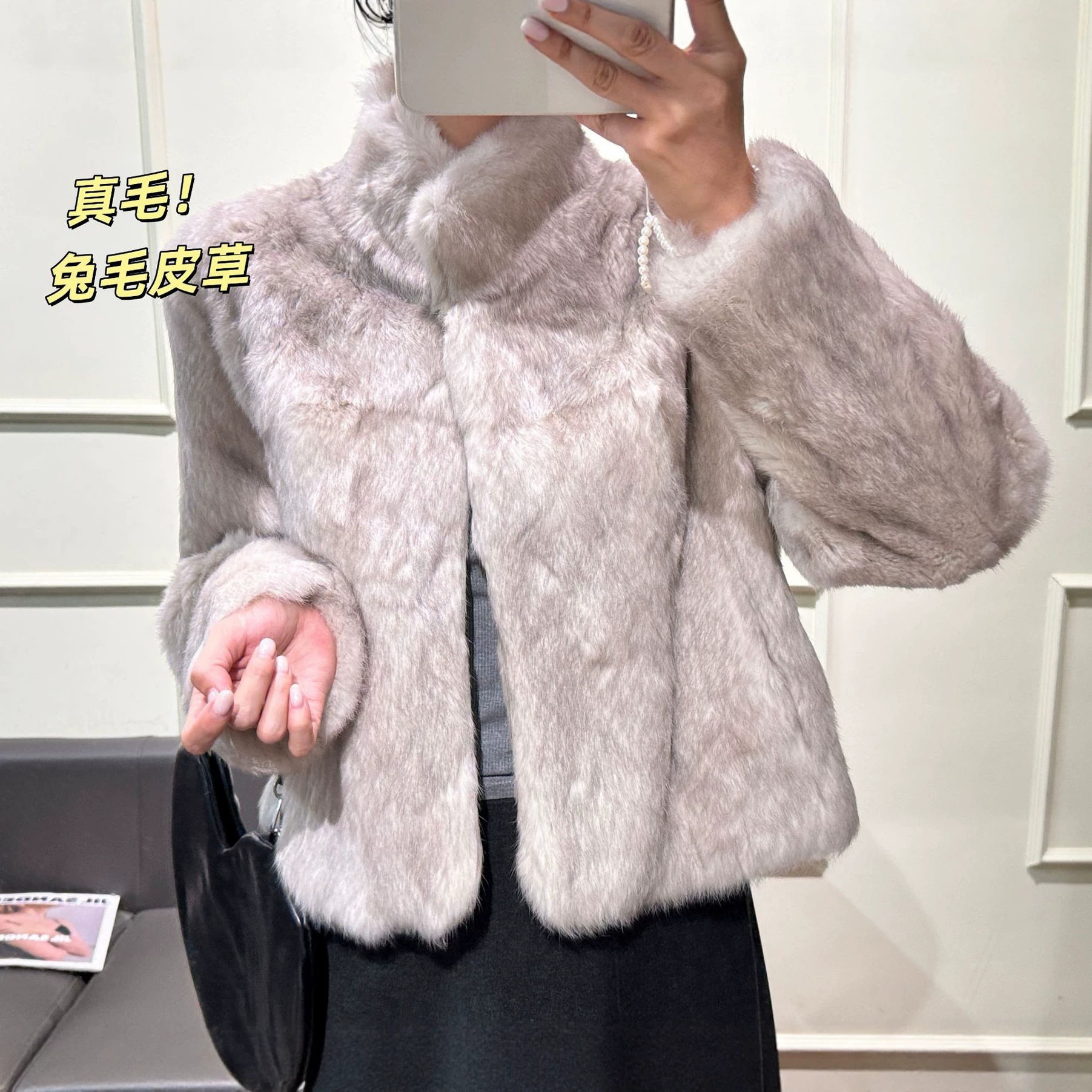 新款真毛兔毛皮草外套女立领短款整皮大衣冬季保暖显瘦女外套长袖