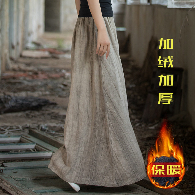 半身裙女2023冬季新款加绒加厚保暖苎麻扎染百搭长款松紧腰长裙女