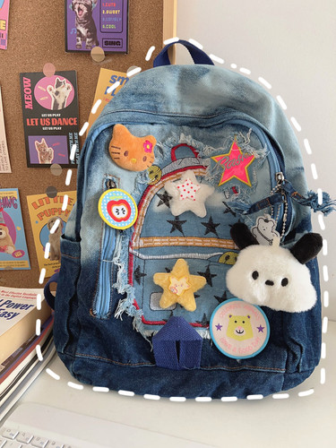 韩国星星贴布牛仔小众卡通校园渐变百搭书包双肩包可爱大学生背包