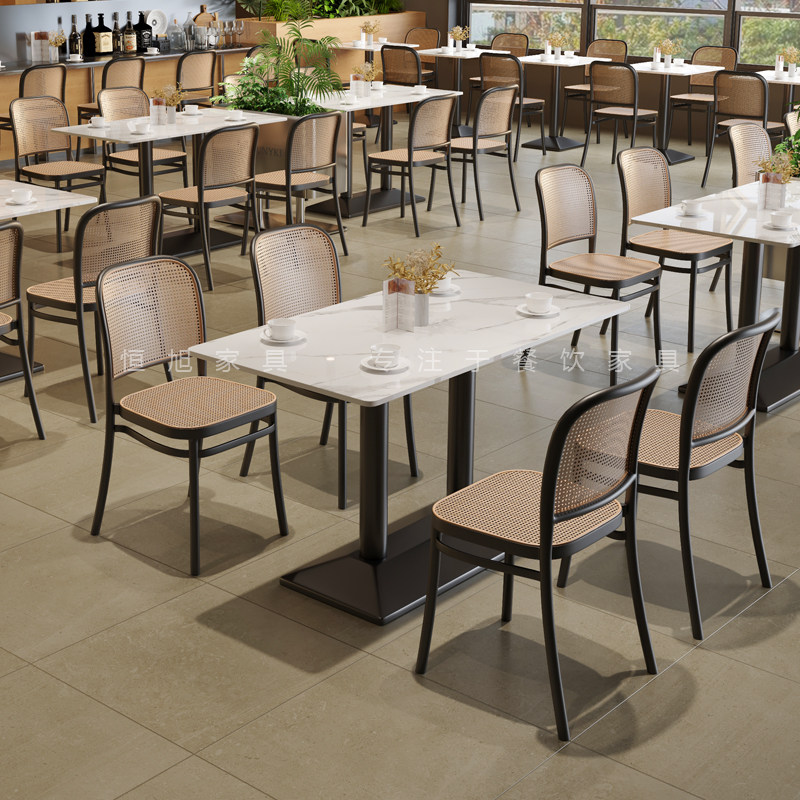 甜品店餐厅岩板餐桌椅组合现代简约商用餐饮奶茶店咖啡厅藤编桌椅