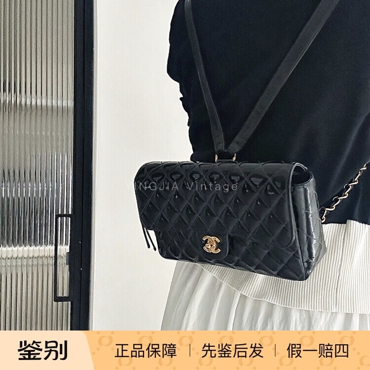 Chanel 黑金菱格纹双c扣cf双肩包 带卡尘袋