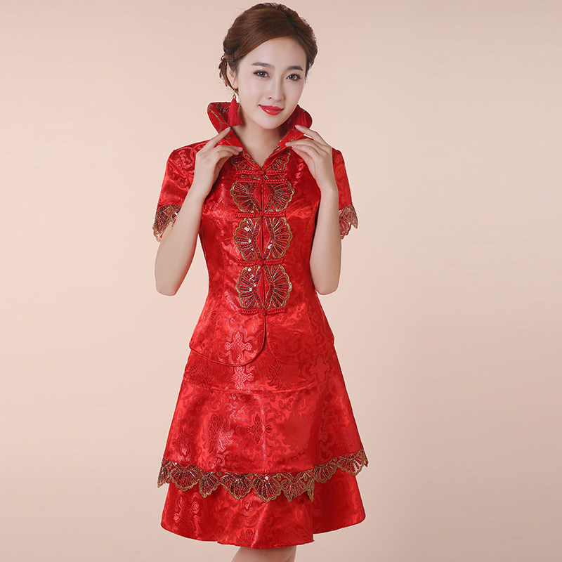 2022新娘敬酒服夏季短袖短裙旗袍连衣裙结婚礼服中式嫁衣喜服包邮