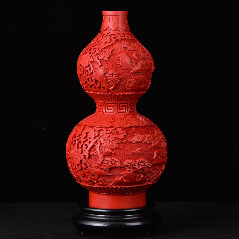 中国红扬州漆器厂剔红雕漆小葫芦花瓶摆件家居装饰品现代中式包邮