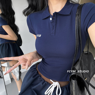 风车与矛 显瘦辣妹打底上衣 欧美风Polo领撞色印花短袖 T恤女夏修身