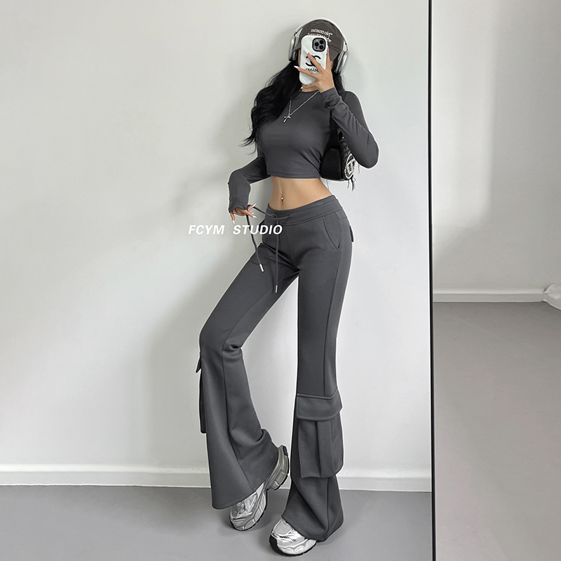 风车与矛 美式复古抽绳双口袋工装休闲裤女垂感直筒阔腿微喇裤子
