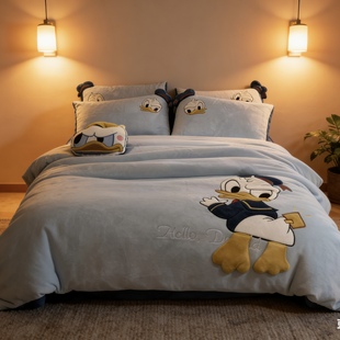 高端唐老鸭牛奶绒刺绣冬保暖宝宝绒四件套卡通法兰绒被套床单床笠