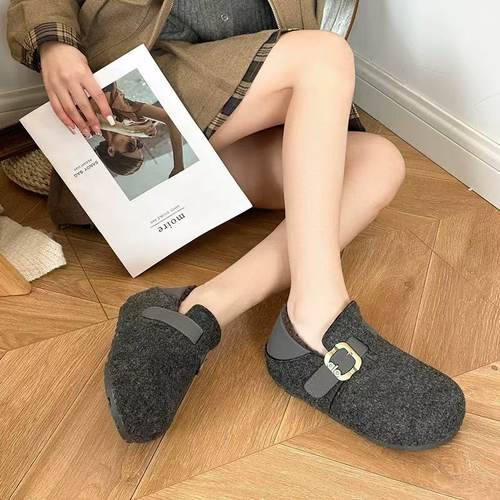 复古呢子加绒勃肯鞋女2025冬季新款一脚蹬平底豆豆鞋软底保暖棉鞋