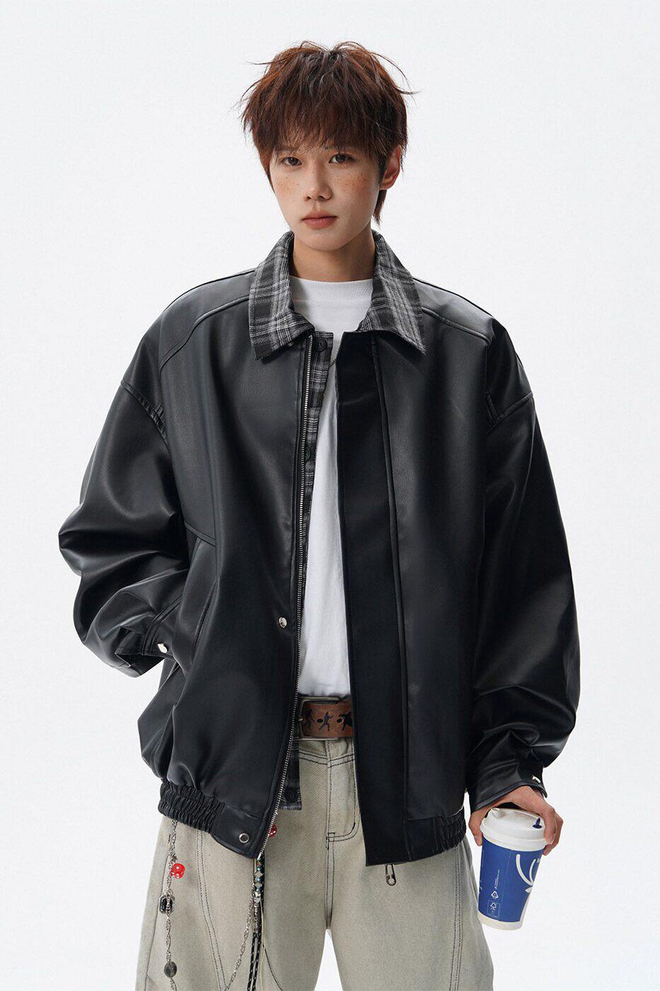 现货502-2-JK032-P128春款皮衣男假两件格纹拼接夹克控168,男装夹克,星座502-2（原1014A）
