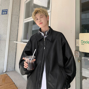502-2-JK037-P108翻领pu皮面料皮衣男潮流休闲宽松皮衣外套男图片