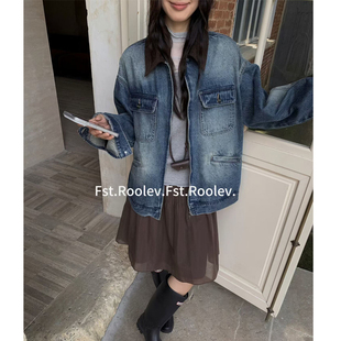 FST美式复古灯芯绒拼接牛仔外套女秋潮流宽松BF翻领工装夹克上衣