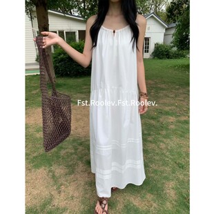 FST法式初恋小白裙子女夏季度假风挂脖吊带裙长款显瘦无袖连衣裙