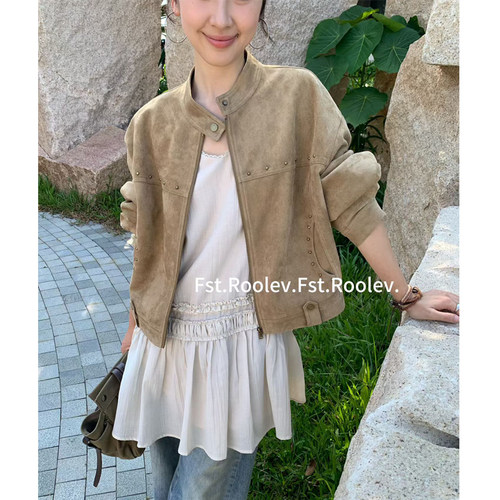 FST卡其麂皮绒短款夹克女复古