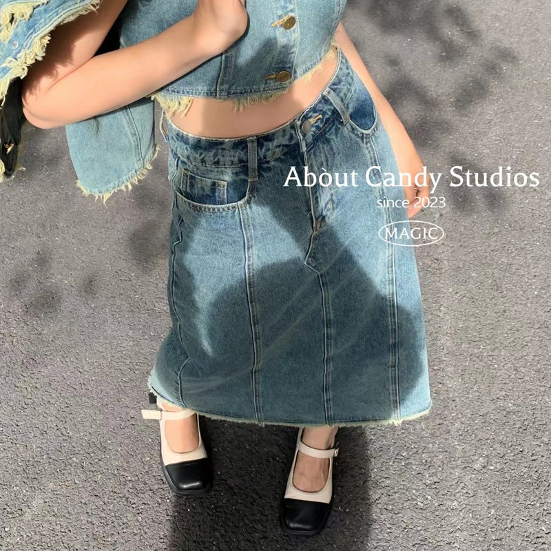 糖果candy高腰后开叉牛仔半身裙女春季中长款a字小个子毛边包臀裙