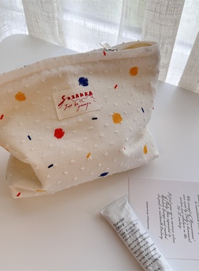 34181 夏日糖豆手拿包化妆包白色可爱便携旅行收纳袋帆布包学生