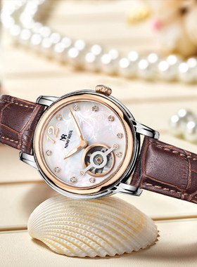 尼诺里拉正品女士手表镂空机械表时尚防水手表真皮女表潮流11017