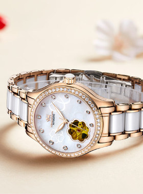 尼诺里拉手表女机械表陶瓷女表玫瑰金防水腕表时尚女士手表11053