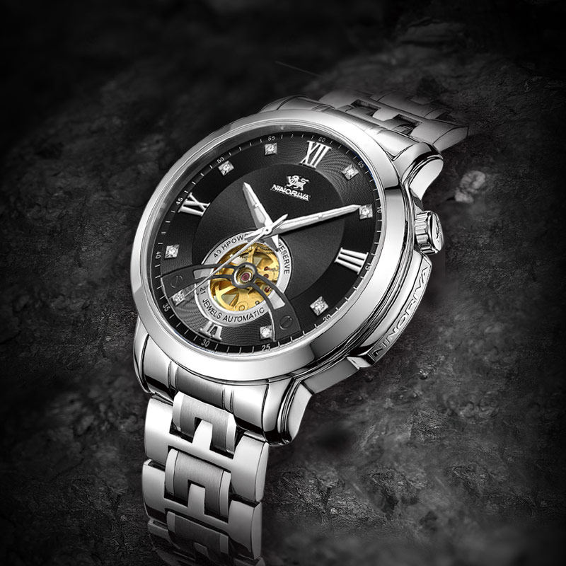 尼诺里拉时尚潮流男表机械手表钢带大表盘男士商务镂空11010