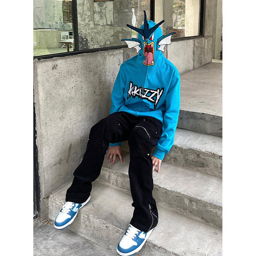 潮牌暴鲤龙开衫连帽卫衣