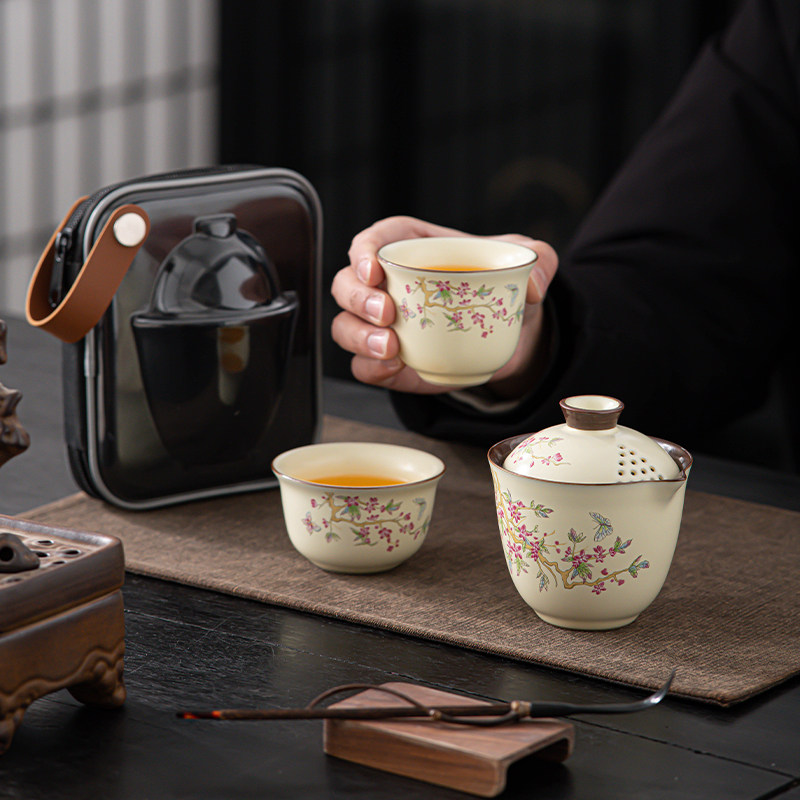 汝窑旅行茶具套装一壶二杯便携式快客杯功夫泡茶壶杯户外喝茶露营