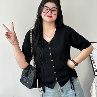 300斤大码女装胖mm显瘦短袖宽松夏季新款小众别致设计感上衣T恤女