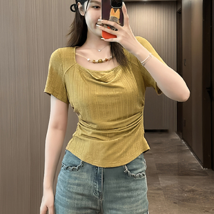 设计感小众别致上衣T恤女 胖mm显瘦正肩收腰抽褶新款 300斤大码 女装