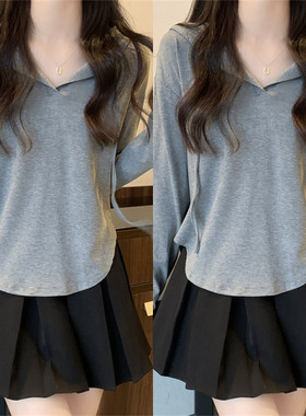 300斤大码女装正肩黑色连帽打底衫内搭秋季长袖t恤设计感小众上衣