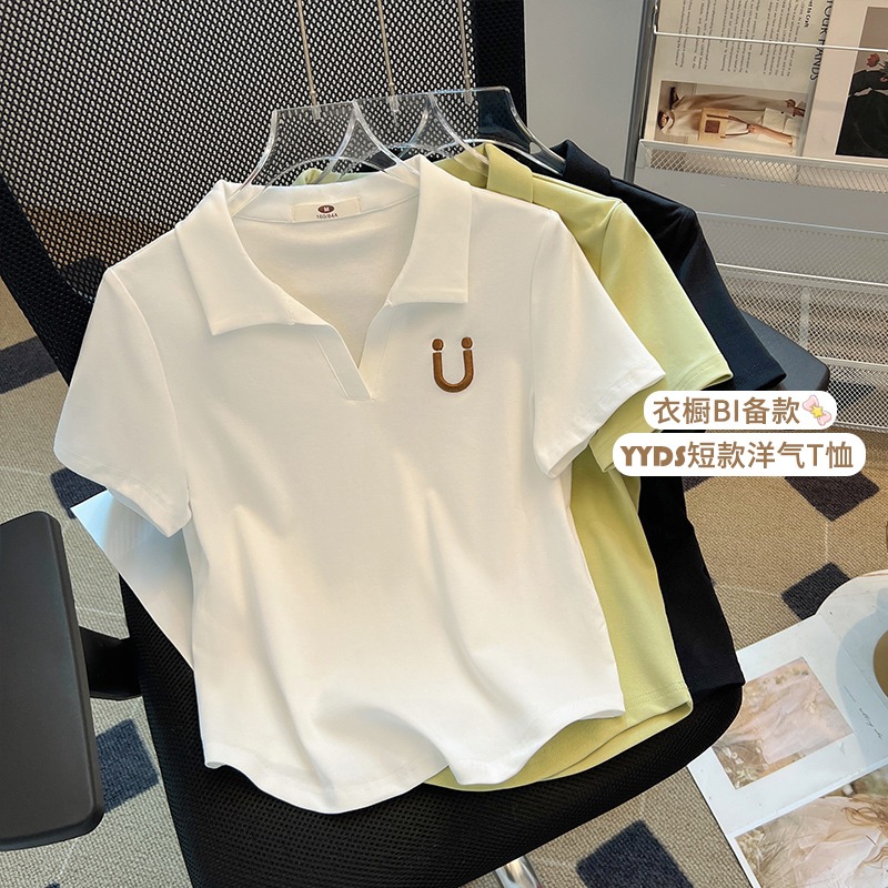 POLO领白色纯棉刺绣新款短袖T恤