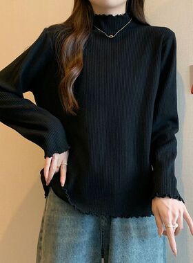 300斤大码女装木耳边半高领打底衫秋冬胖m宽松遮肚子长袖内搭上衣