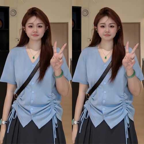 大码女装抽绳设计感短袖t恤