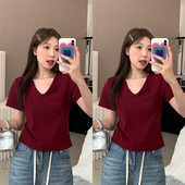 甜辣妹正肩V领显瘦短袖 300斤大码 上衣t恤 遮肉夏季 新款 女装 胖m韩版
