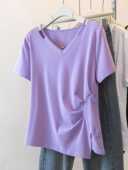 女装 夏季 不规则设计开叉短袖 300斤大码 T恤V领小衫 胖m遮肚显瘦上衣