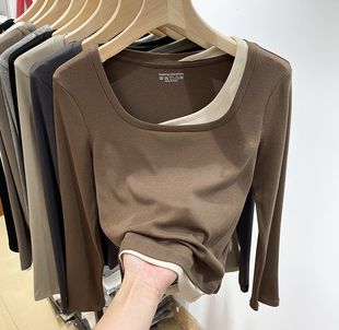 撞色假两件方领长袖 大码 300斤秋季 胖mm2 t恤洋气内搭打底上衣 女装