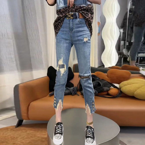 2026春季新款大码女装高腰弹力破洞牛仔裤女胖mm显瘦九分烟管裤子