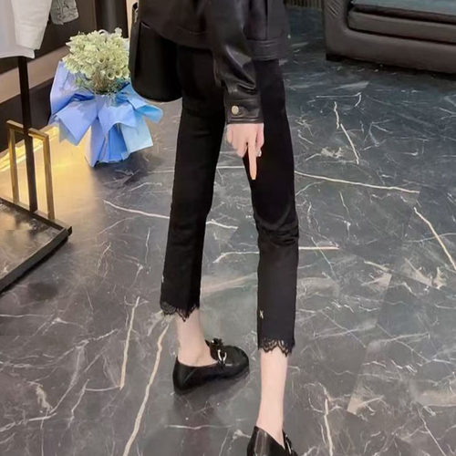 大码女装2026新款春季显瘦裤子女高腰弹力花边休闲裤女九分烟管裤