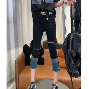 秋季2023新款女装高腰直筒破洞牛仔裤女大码胖mm弹力显瘦烟管裤子