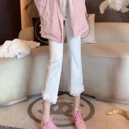 大码女装2026新款春季裤子女胖mm高腰弹力花边休闲裤女九分烟管裤