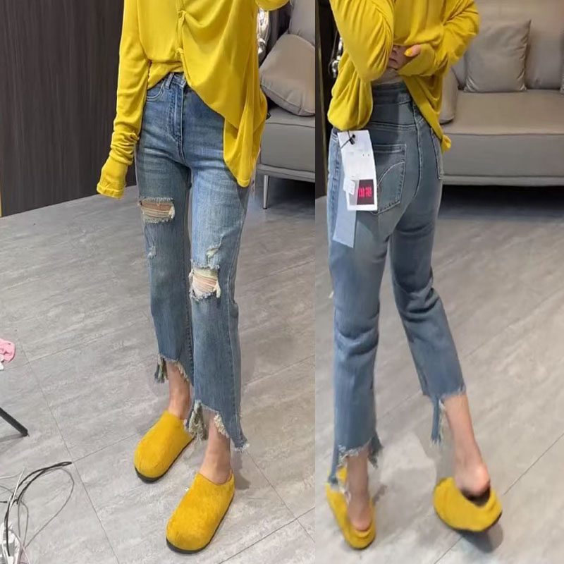 2025新款胖mm大码女装裤子高腰弹力显瘦破洞牛仔裤女夏九分烟管裤