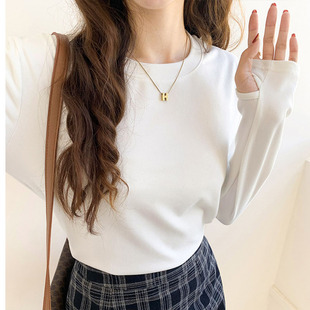 连带手套袖打底衫女秋冬天加厚加绒套手指洞上衣打字开车护手衣服