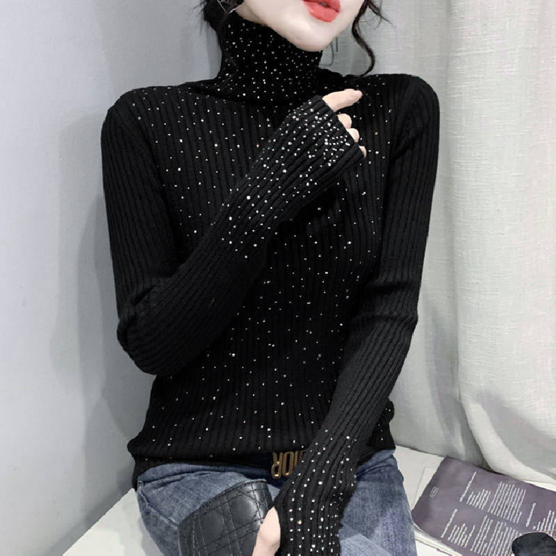 带手套毛衣女秋冬高领漏指针织衫烫钻套指舞蹈打底衫勾手指毛线衫