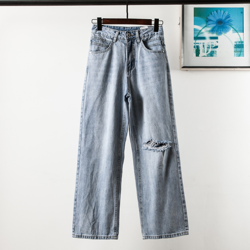 6306纯色破洞牛仔裤女早春新款高腰韩版气质百搭宽松直筒裤